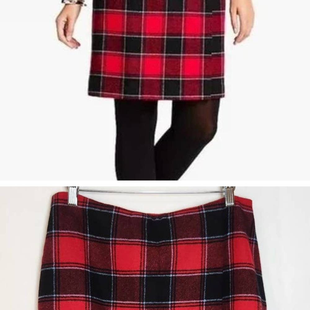 Talbots Plaid Faux Wrap A-Line Skirt Wool Blend Red Black Tartan 8